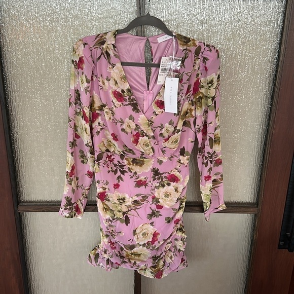 LUSH Mauve Floral Ruffle Hem Rouched Surplice Bodice Long Sleeve Mini Dress Sm - Picture 2 of 9